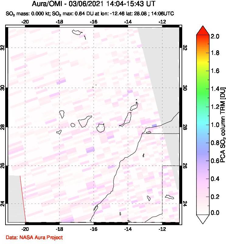 A sulfur dioxide image over Canary Islands on Mar 06, 2021.