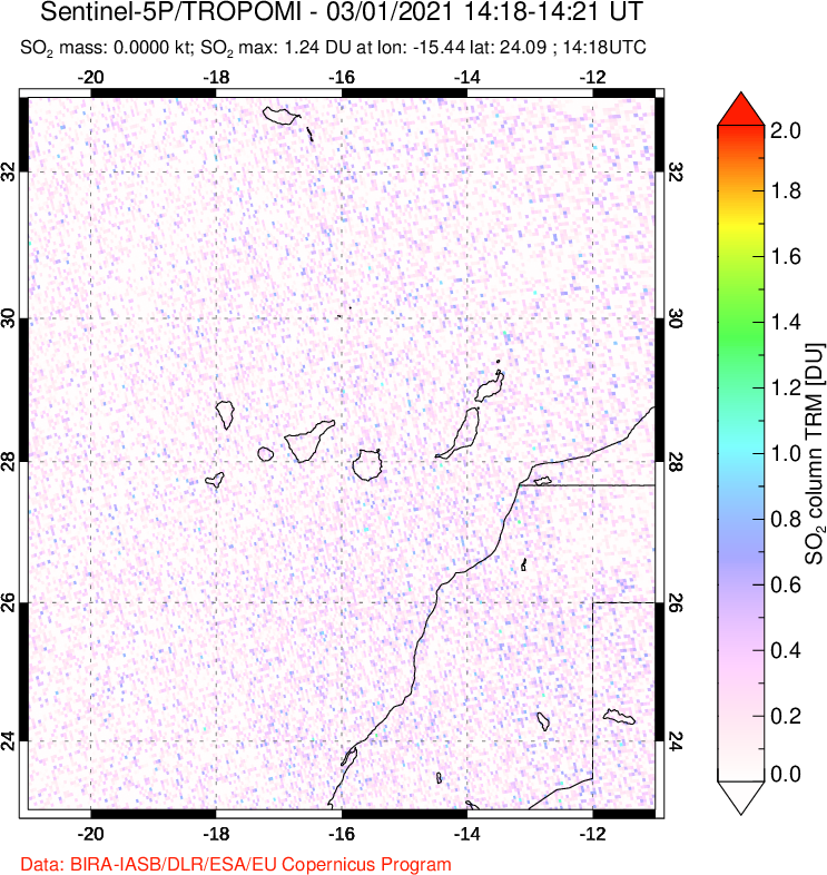 A sulfur dioxide image over Canary Islands on Mar 01, 2021.