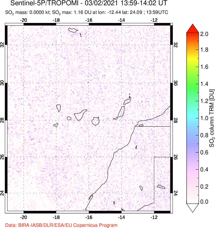 A sulfur dioxide image over Canary Islands on Mar 02, 2021.