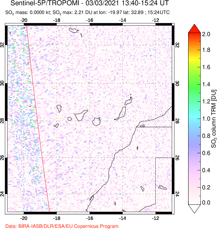 A sulfur dioxide image over Canary Islands on Mar 03, 2021.