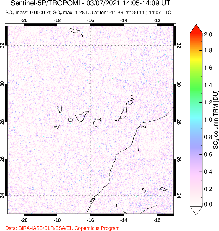 A sulfur dioxide image over Canary Islands on Mar 07, 2021.
