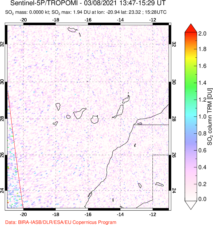 A sulfur dioxide image over Canary Islands on Mar 08, 2021.