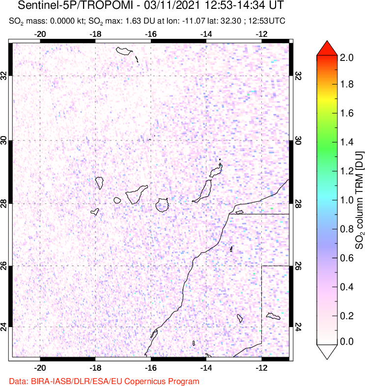 A sulfur dioxide image over Canary Islands on Mar 11, 2021.