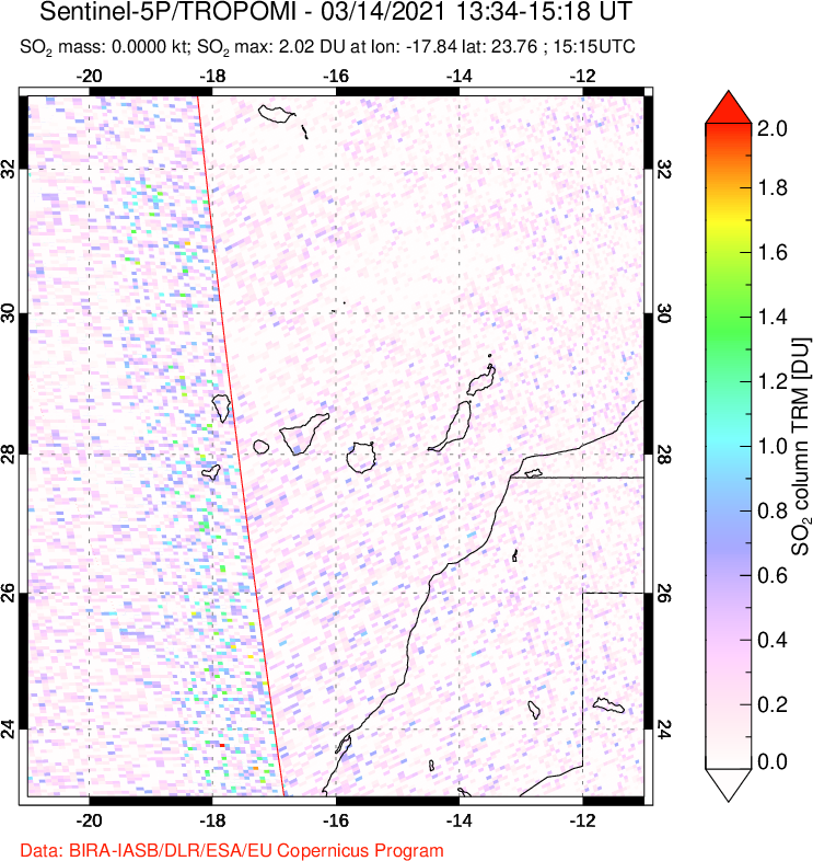 A sulfur dioxide image over Canary Islands on Mar 14, 2021.
