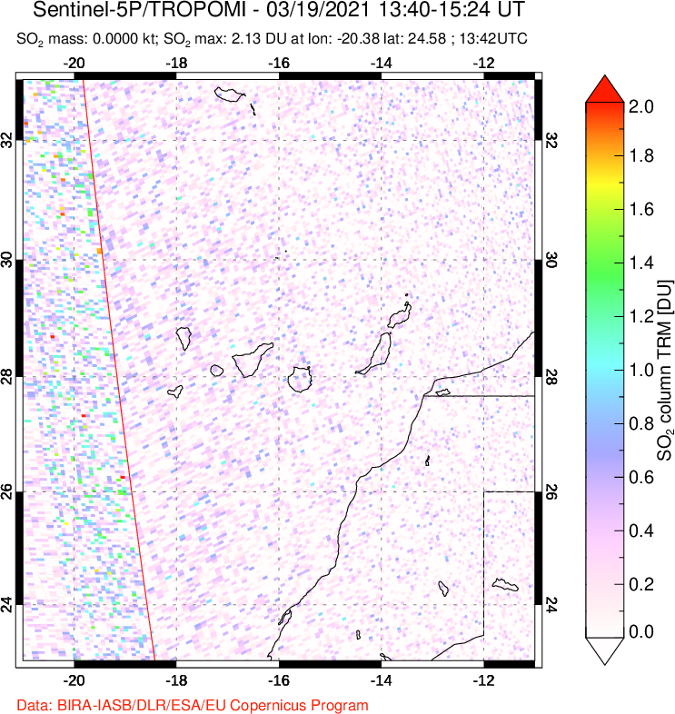A sulfur dioxide image over Canary Islands on Mar 19, 2021.