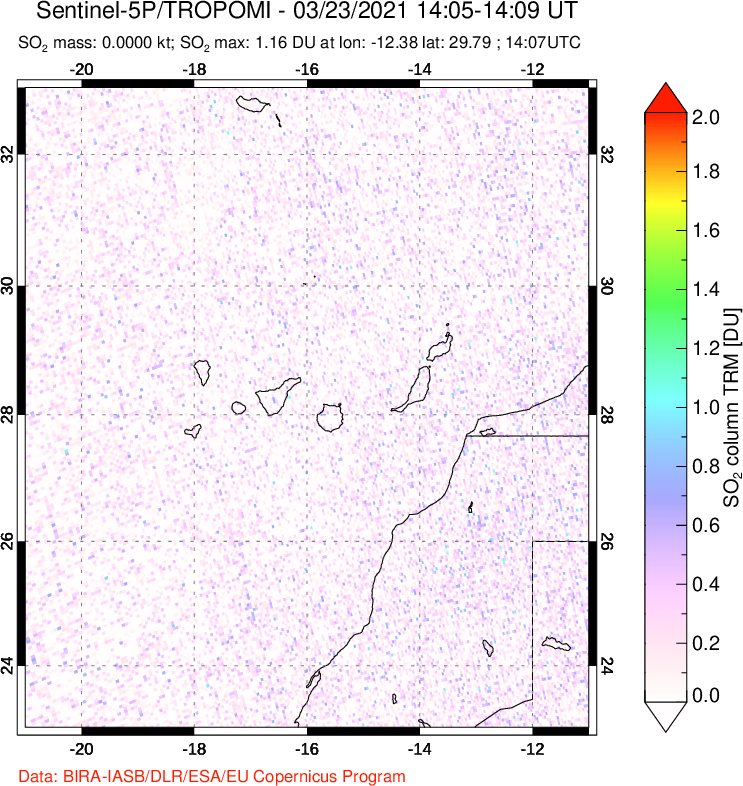 A sulfur dioxide image over Canary Islands on Mar 23, 2021.
