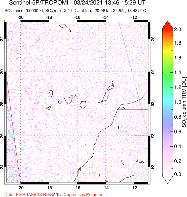 A sulfur dioxide image over Canary Islands on Mar 24, 2021.