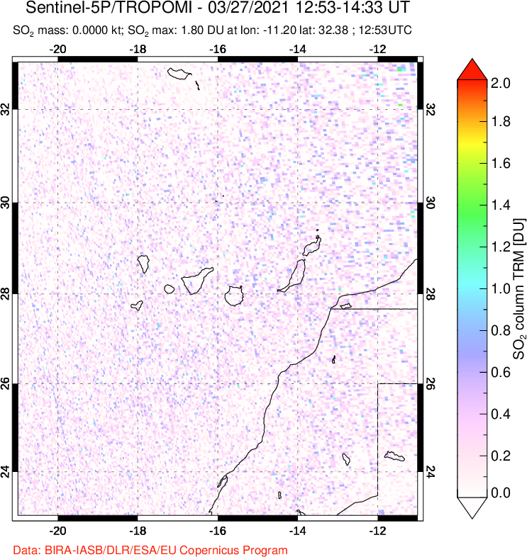 A sulfur dioxide image over Canary Islands on Mar 27, 2021.