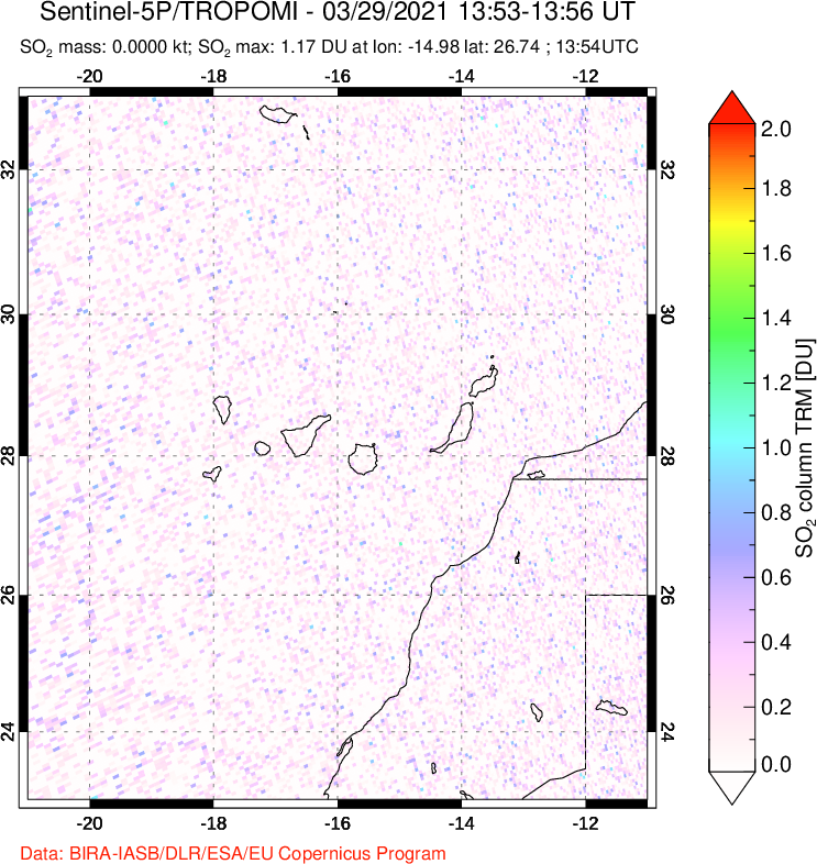 A sulfur dioxide image over Canary Islands on Mar 29, 2021.
