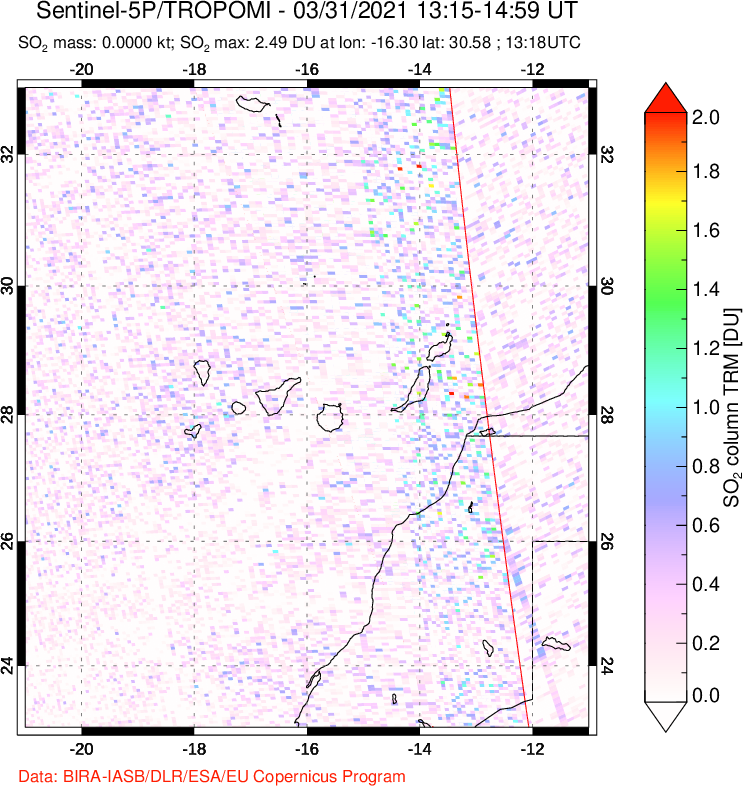 A sulfur dioxide image over Canary Islands on Mar 31, 2021.