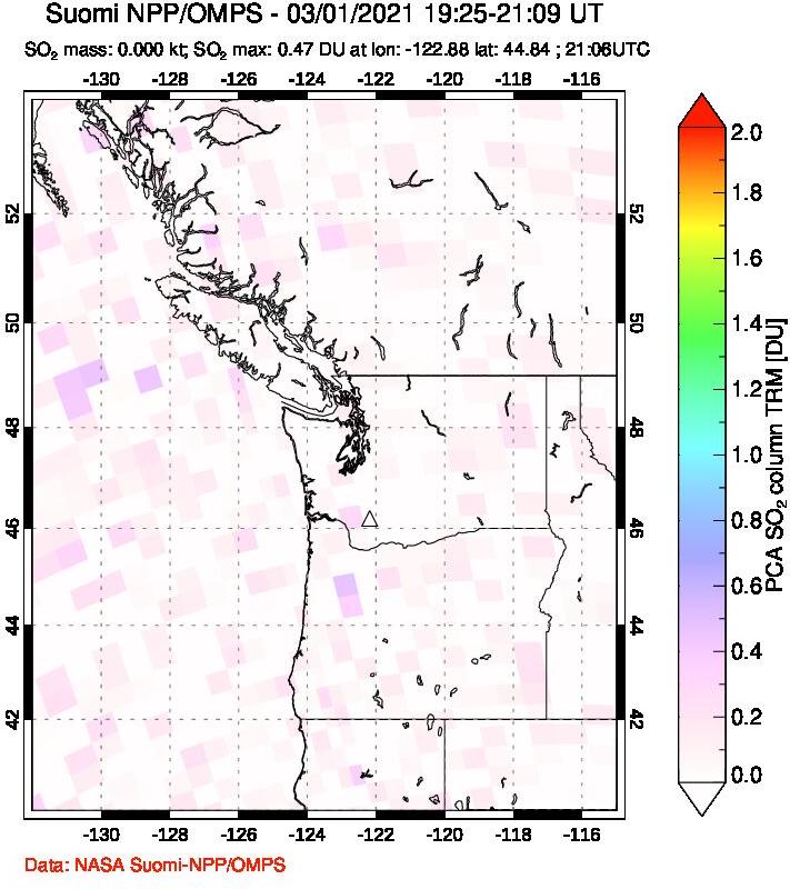 A sulfur dioxide image over Cascade Range, USA on Mar 01, 2021.