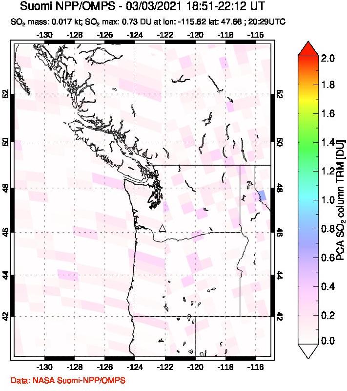 A sulfur dioxide image over Cascade Range, USA on Mar 03, 2021.