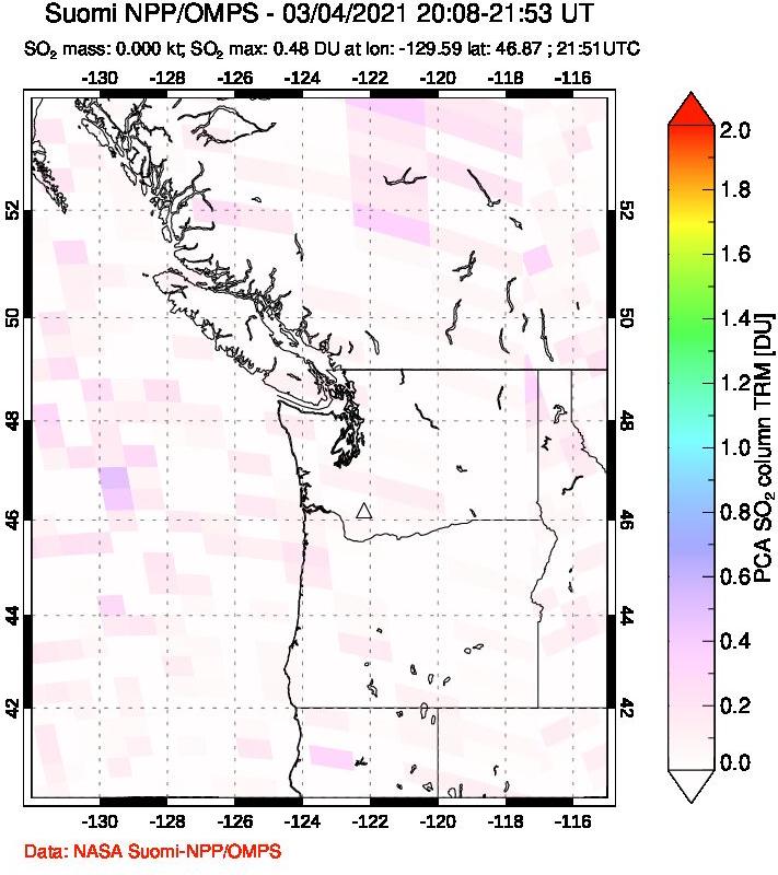 A sulfur dioxide image over Cascade Range, USA on Mar 04, 2021.