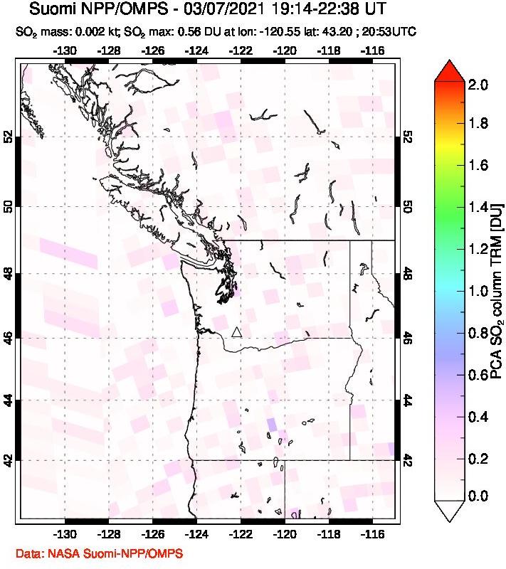 A sulfur dioxide image over Cascade Range, USA on Mar 07, 2021.