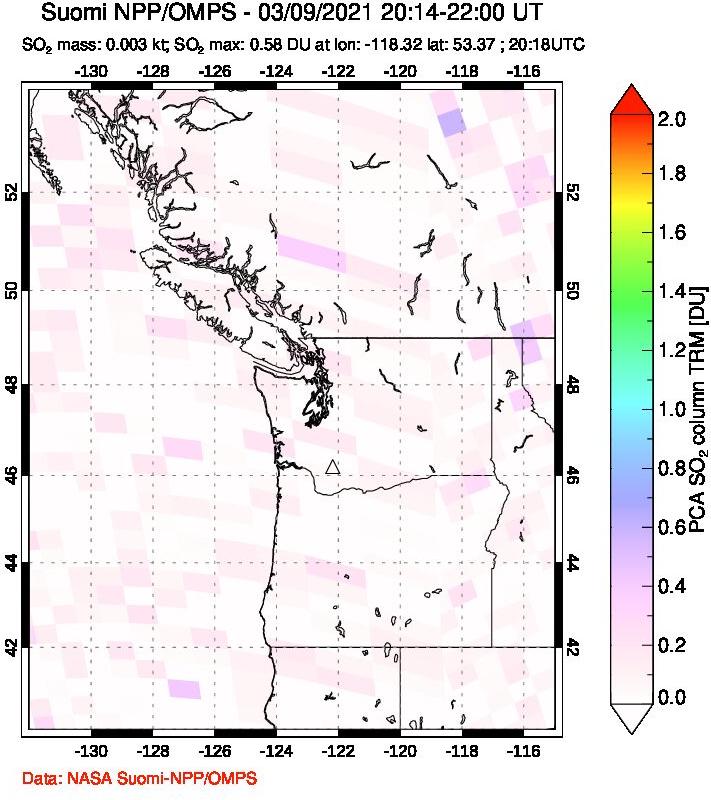 A sulfur dioxide image over Cascade Range, USA on Mar 09, 2021.