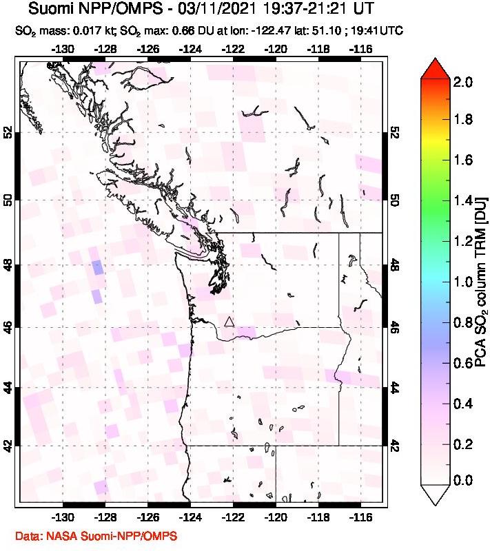 A sulfur dioxide image over Cascade Range, USA on Mar 11, 2021.
