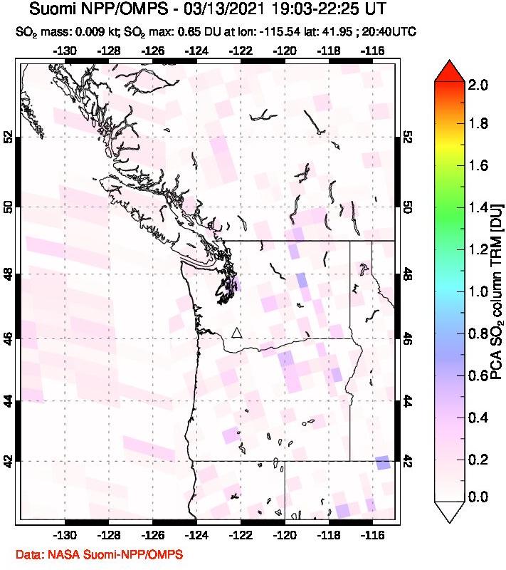 A sulfur dioxide image over Cascade Range, USA on Mar 13, 2021.