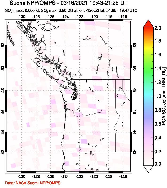 A sulfur dioxide image over Cascade Range, USA on Mar 16, 2021.