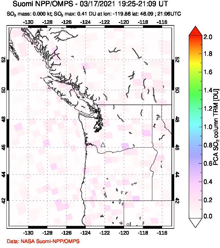 A sulfur dioxide image over Cascade Range, USA on Mar 17, 2021.