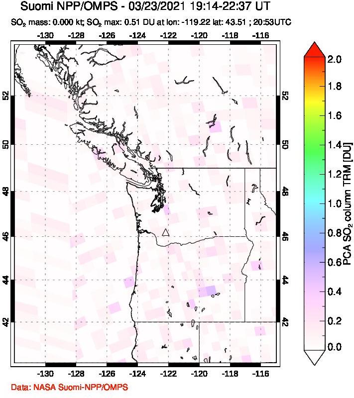 A sulfur dioxide image over Cascade Range, USA on Mar 23, 2021.