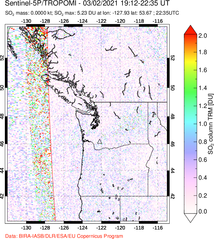 A sulfur dioxide image over Cascade Range, USA on Mar 02, 2021.