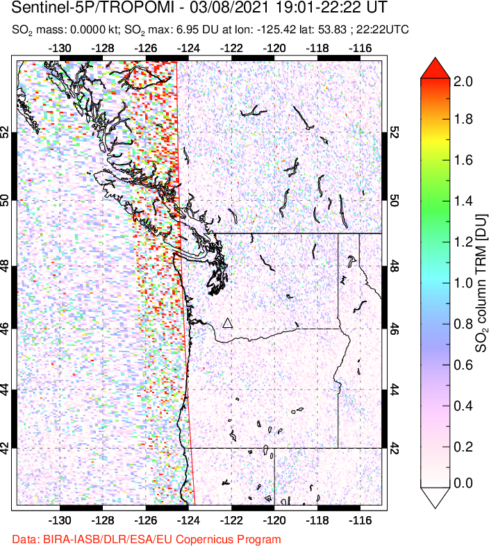 A sulfur dioxide image over Cascade Range, USA on Mar 08, 2021.