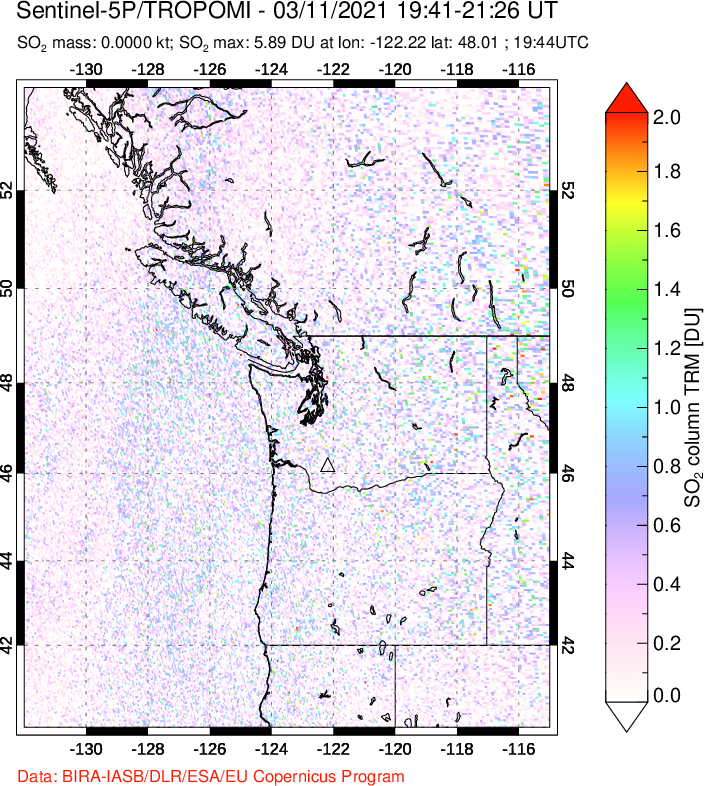 A sulfur dioxide image over Cascade Range, USA on Mar 11, 2021.