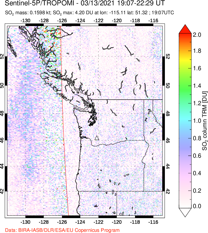 A sulfur dioxide image over Cascade Range, USA on Mar 13, 2021.