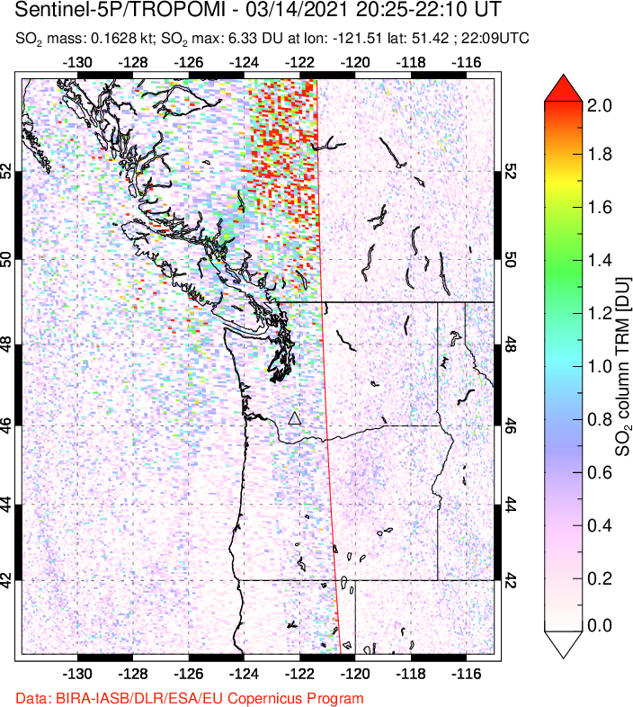A sulfur dioxide image over Cascade Range, USA on Mar 14, 2021.