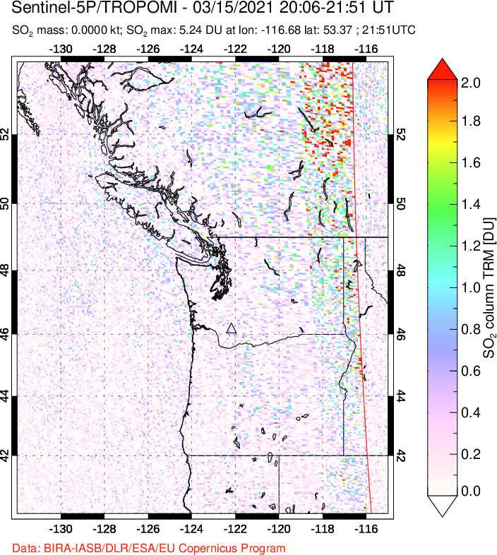 A sulfur dioxide image over Cascade Range, USA on Mar 15, 2021.