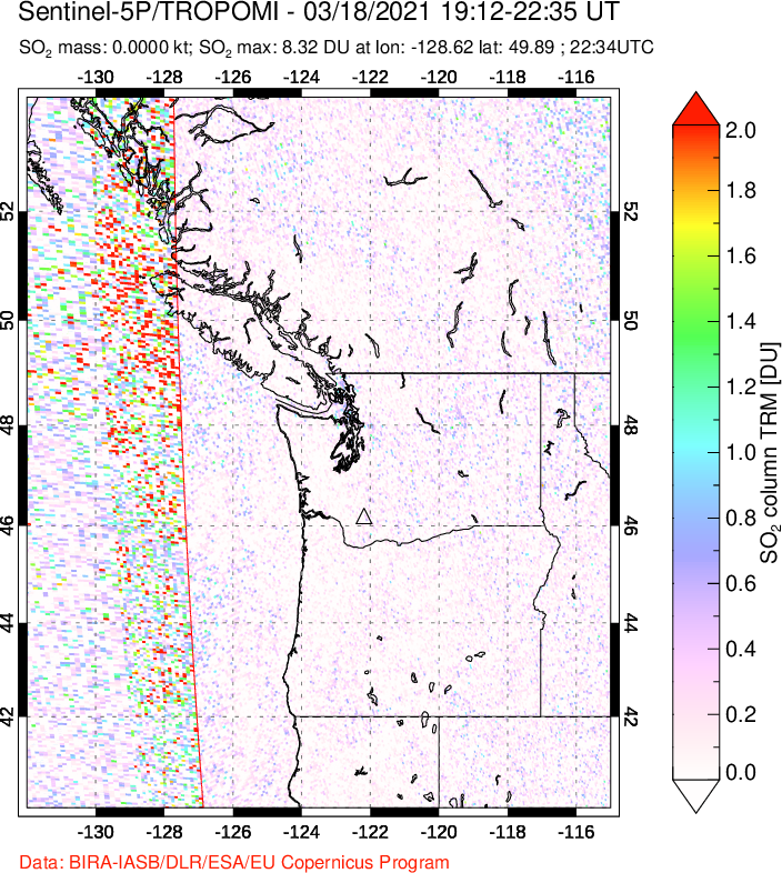 A sulfur dioxide image over Cascade Range, USA on Mar 18, 2021.