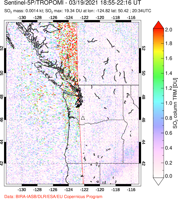 A sulfur dioxide image over Cascade Range, USA on Mar 19, 2021.