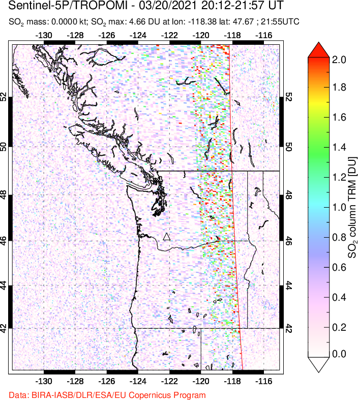 A sulfur dioxide image over Cascade Range, USA on Mar 20, 2021.