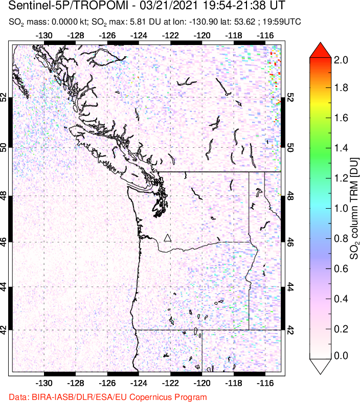 A sulfur dioxide image over Cascade Range, USA on Mar 21, 2021.