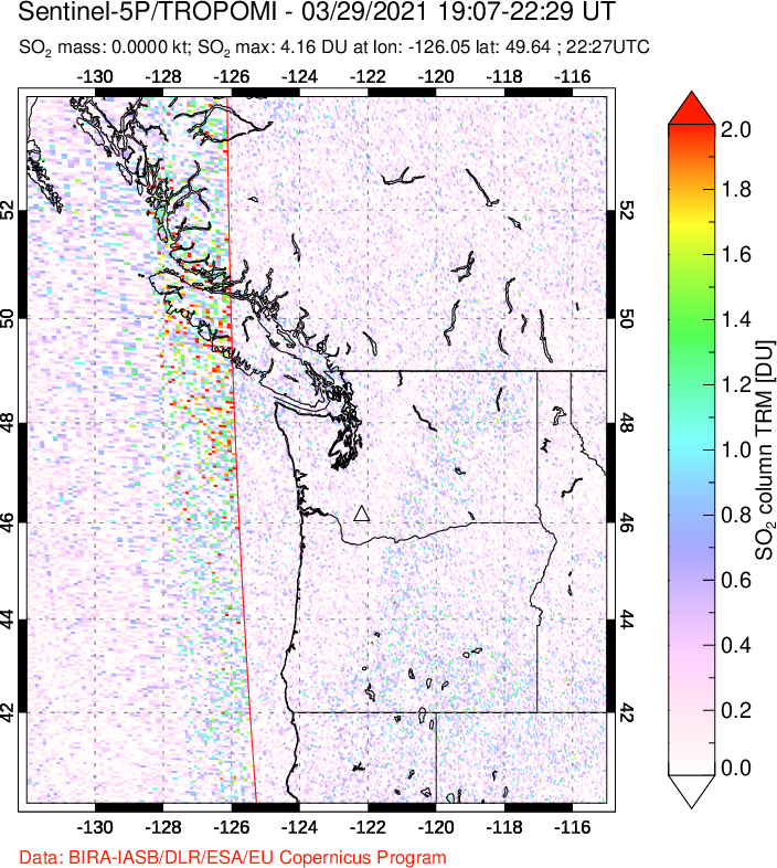 A sulfur dioxide image over Cascade Range, USA on Mar 29, 2021.