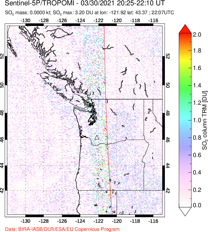 A sulfur dioxide image over Cascade Range, USA on Mar 30, 2021.
