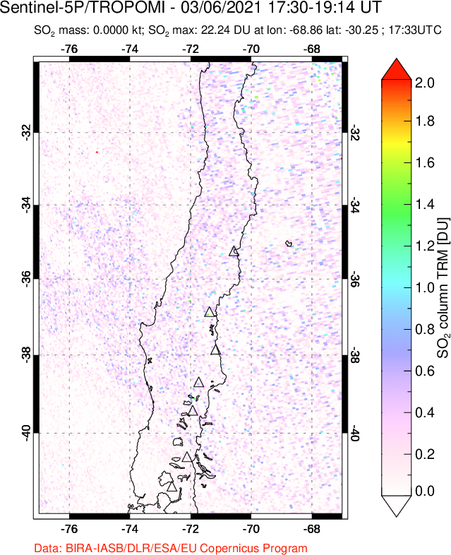 A sulfur dioxide image over Central Chile on Mar 06, 2021.