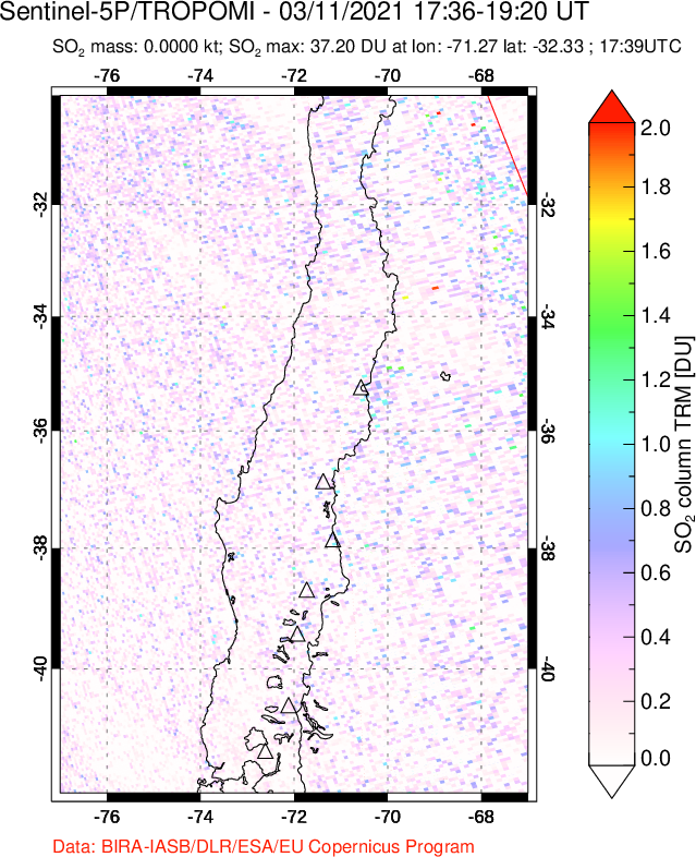 A sulfur dioxide image over Central Chile on Mar 11, 2021.