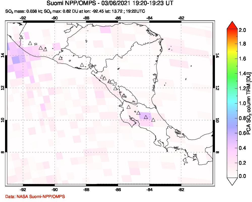 A sulfur dioxide image over Central America on Mar 06, 2021.