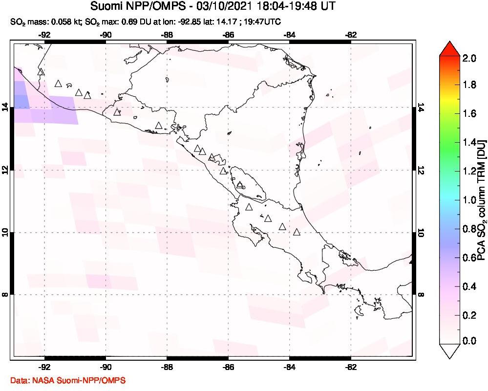 A sulfur dioxide image over Central America on Mar 10, 2021.
