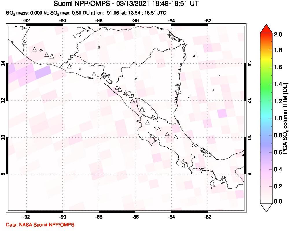 A sulfur dioxide image over Central America on Mar 13, 2021.