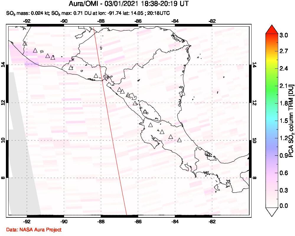A sulfur dioxide image over Central America on Mar 01, 2021.