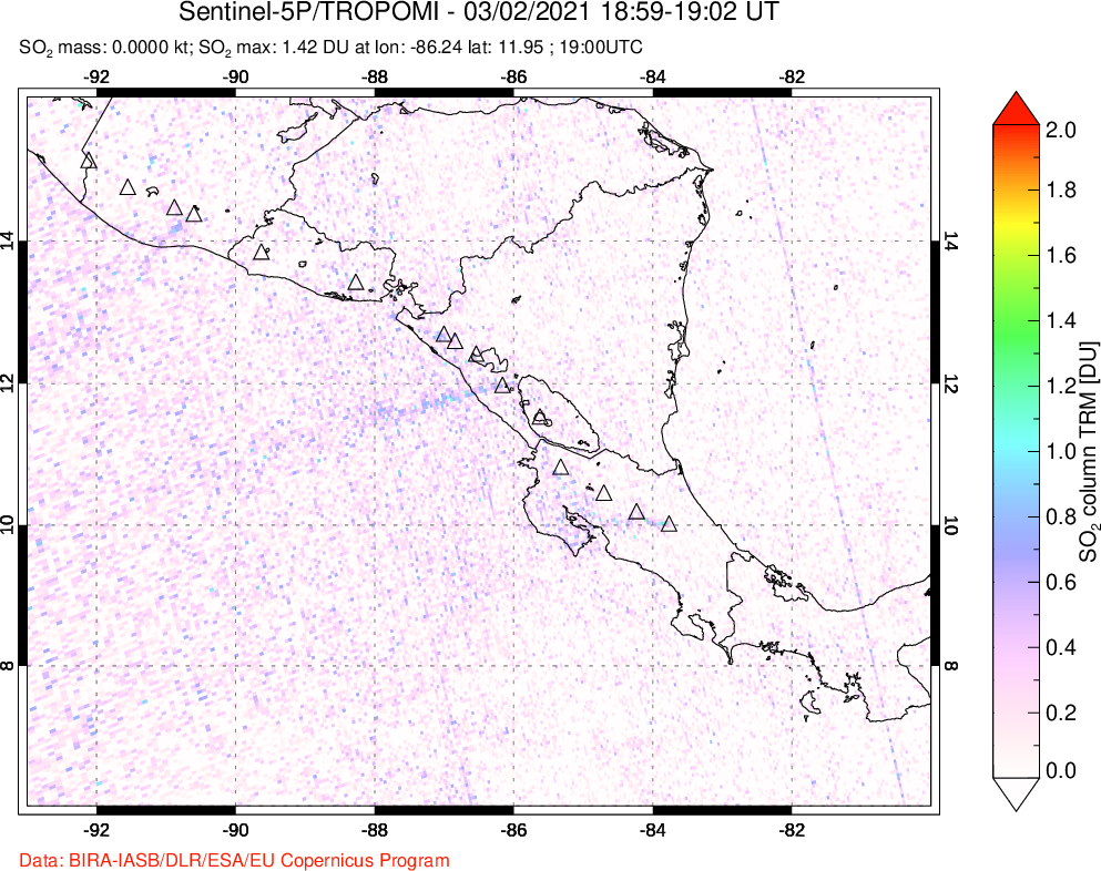 A sulfur dioxide image over Central America on Mar 02, 2021.