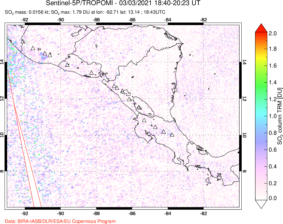 A sulfur dioxide image over Central America on Mar 03, 2021.