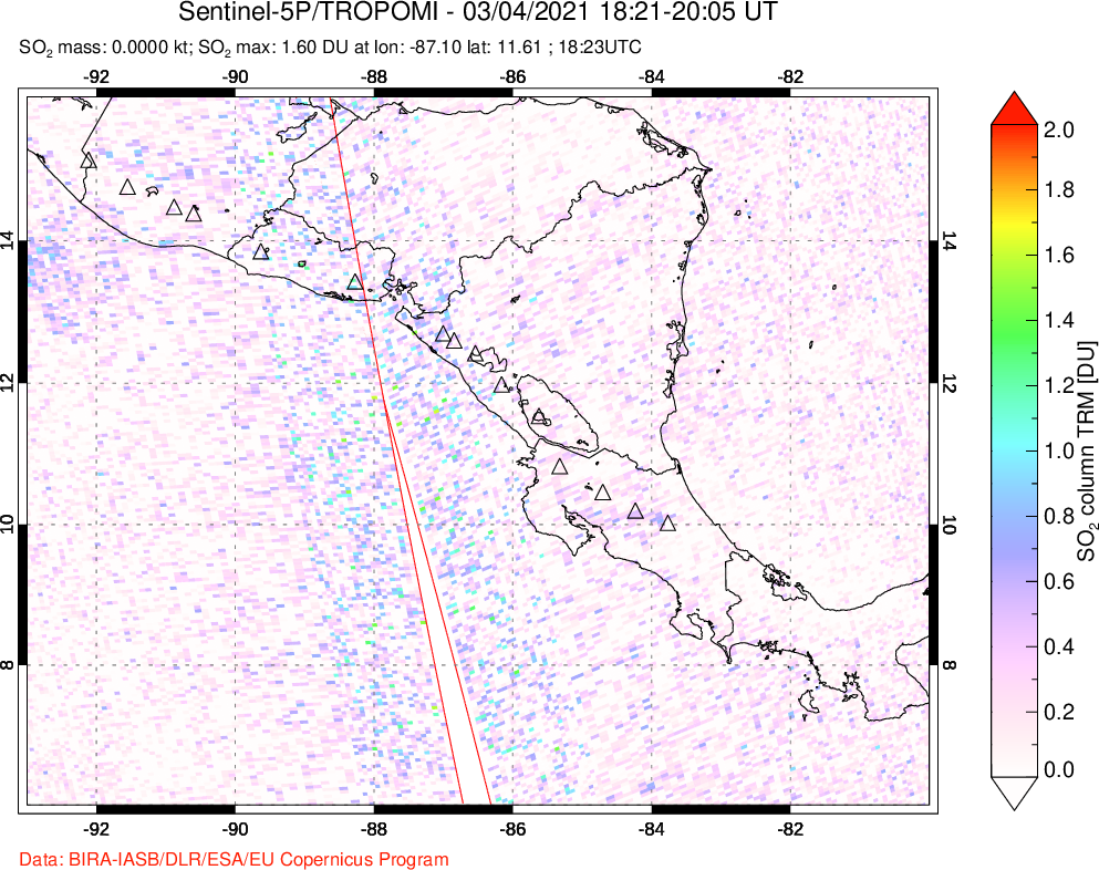 A sulfur dioxide image over Central America on Mar 04, 2021.