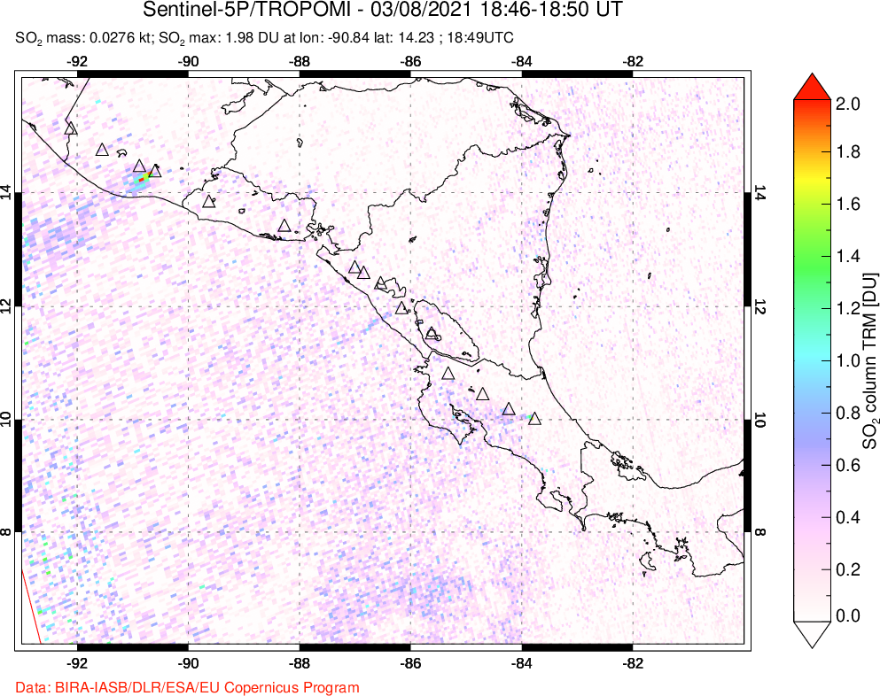 A sulfur dioxide image over Central America on Mar 08, 2021.