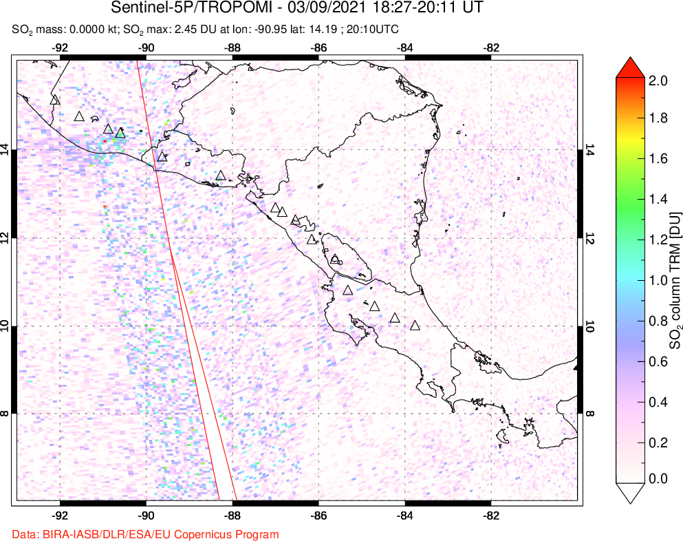 A sulfur dioxide image over Central America on Mar 09, 2021.