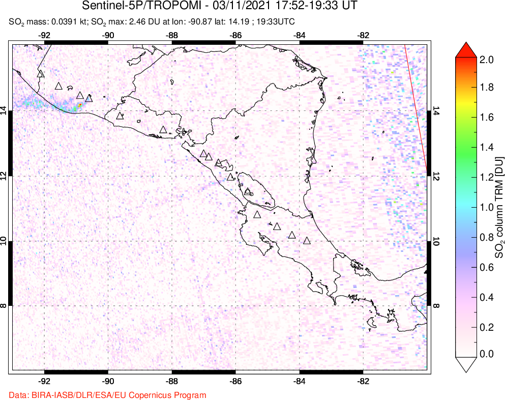 A sulfur dioxide image over Central America on Mar 11, 2021.