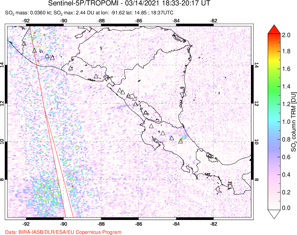 A sulfur dioxide image over Central America on Mar 14, 2021.