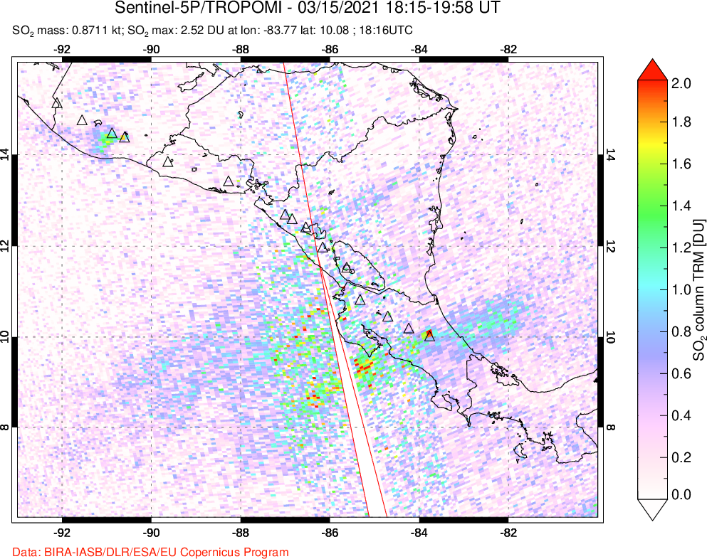 A sulfur dioxide image over Central America on Mar 15, 2021.